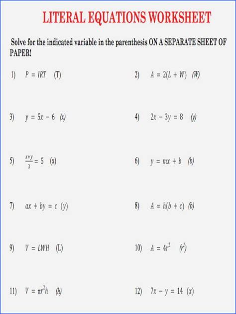 literal equations worksheet solve for the indicated variable in the parenthesis